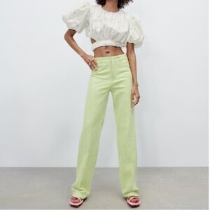 New Zara | Green & White Gingham Highrise Straight Leg pants
